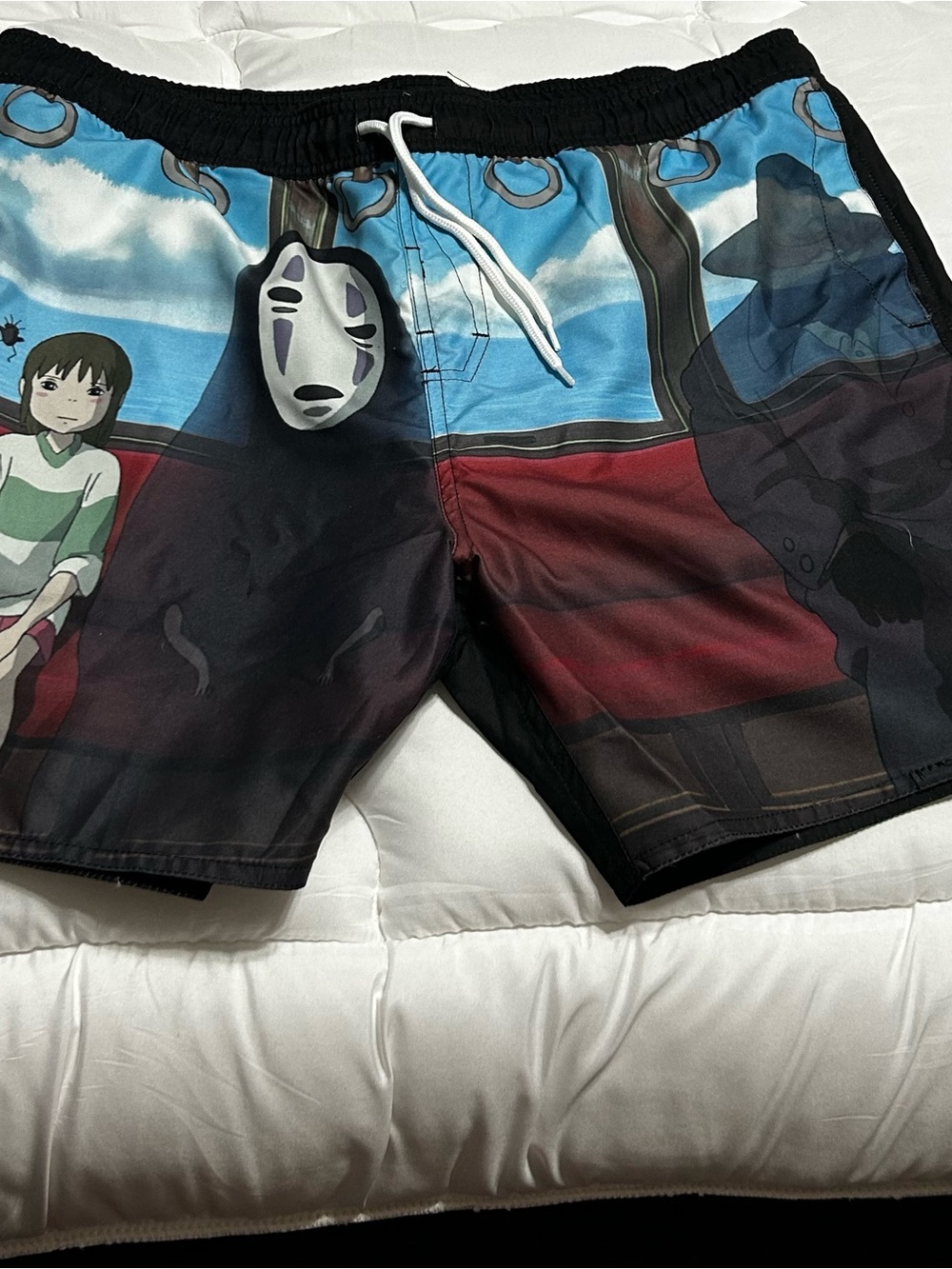 Men's Blue and Black Anime-Print Swim Trunks